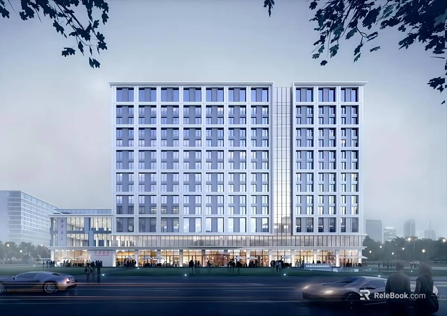 Modern High Rise Office Building Exterior With Glass Curtain Wall Night Lighting And Street View 3d model 
