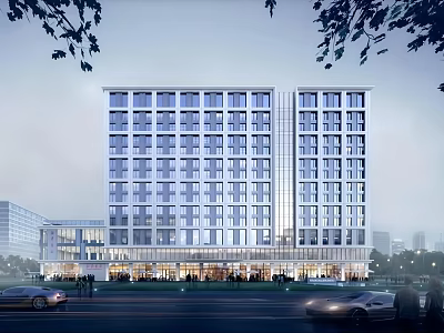 Modern High Rise Office Building Exterior With Glass Curtain Wall Night Lighting And Street View 3d model