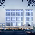 Modern High Rise Office Building Exterior With Glass Curtain Wall Night Lighting And Street View