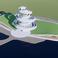 Modern Spiral Cultural Center Building With Water Reflection And Green Lawn