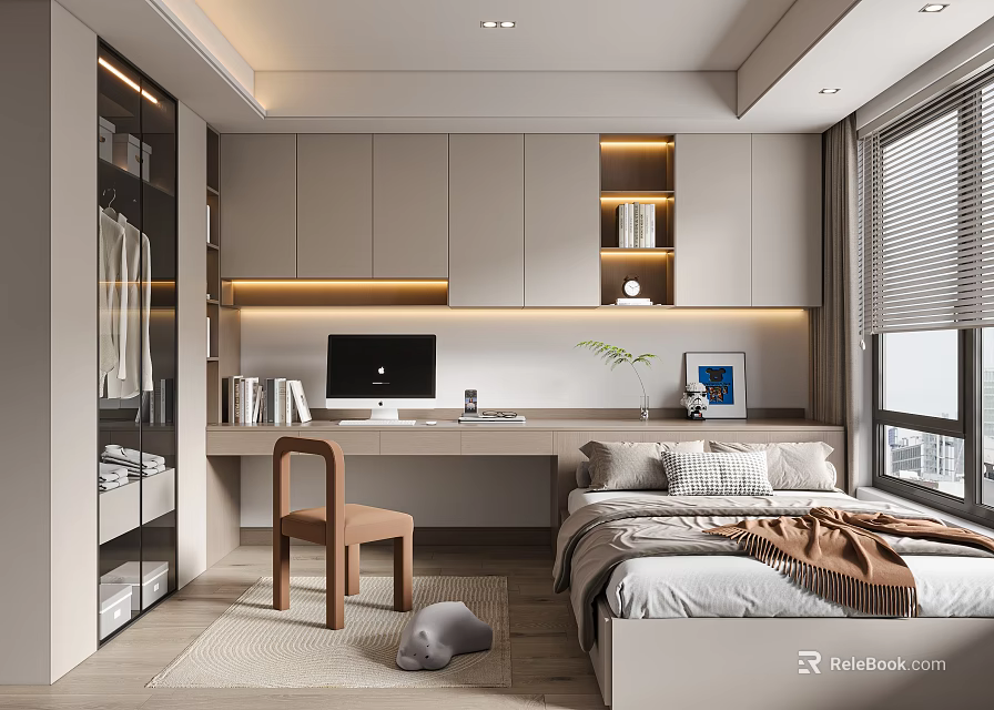 Modern Tatami Bedroom Interior With Desk Computer Bookshelf Chair And Window 3d model 