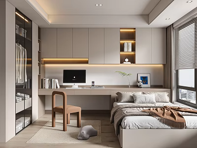 Modern Tatami Bedroom Interior With Desk Computer Bookshelf Chair And Window 3d model