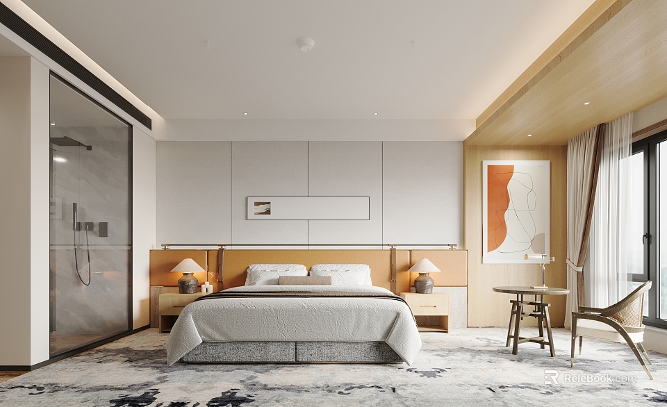 Modern Hotel Room Interior With Comfortable Bed Bedside Lamps Artistic Painting And Neutral Rug 3d model 