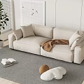 Beige Two Seater Sofa With Cushions Brown Blanket Grey Rug And Potted Plant By Window