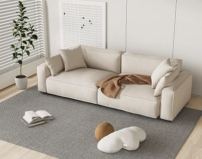 Beige Two Seater Sofa With Cushions Brown Blanket Grey Rug And Potted Plant By Window 3d model