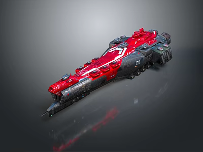 Red And Black Sci-fi Spaceship Model Featuring Complex Structure Details On Dark Reflective Background 3d model