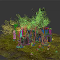 Lush Green Trees With Twisted Vines On Ancient Stone Pillars And Mossy Ground