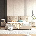 Modern Bedroom Interior With Leather Headboard Double Bed Pillows Throw Blanket And Blinds