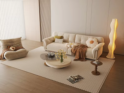 Comfortable Modern Sofa and Coffee Table Set with Pillows Throw Blanket Vase and Floor Lamp 3d model