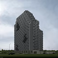 Modern High Rise Hotel Building With Glass Facade And Green Landscape