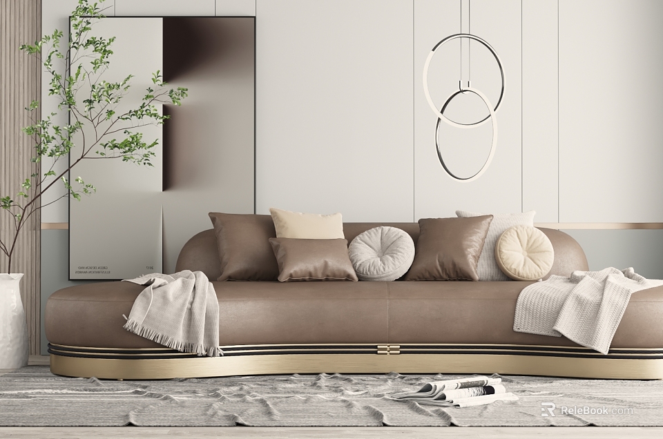 Modern Curved Multi Seater Brown Sofa with Decorative Pillows Throw Blankets Wall Mirror and Green Plants 3d model 