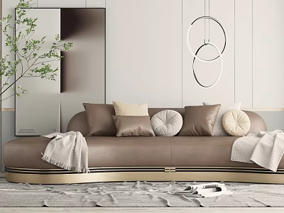 Modern Curved Multi Seater Brown Sofa with Decorative Pillows Throw Blankets Wall Mirror and Green Plants 3d model