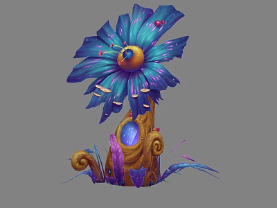 Blue Petaled Plant With Eye Like Center And Spiral Root Accents 3d model