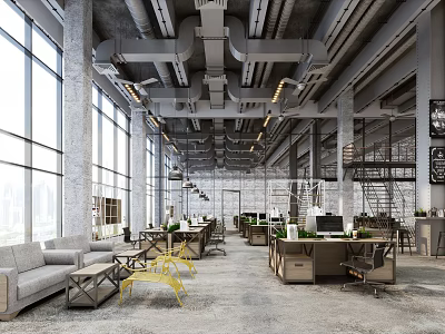 Modern Industrial Co working Office Space Interior With Large Windows Desks Sofas And Green Plants 3d model