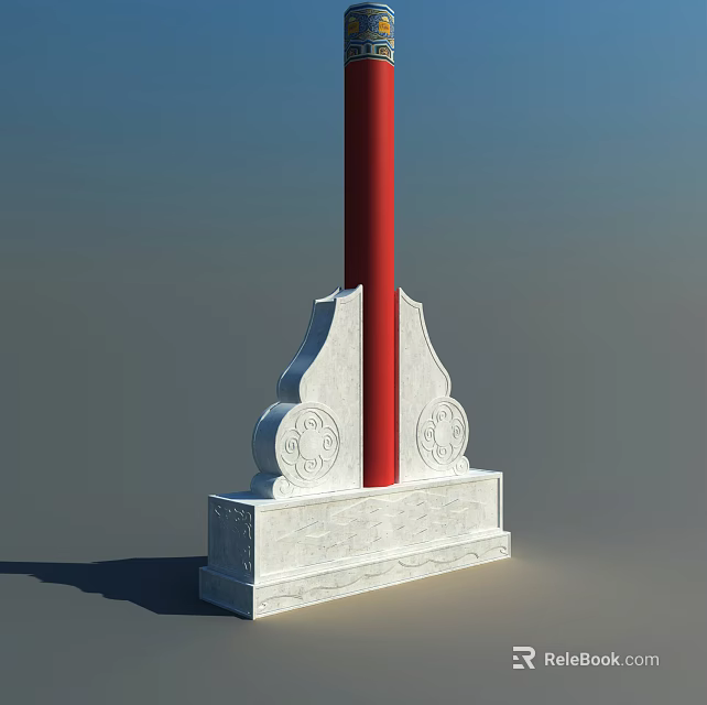 Garden Ornament Featuring Red Pillar And White Stone Base With Carved Patterns 3d model