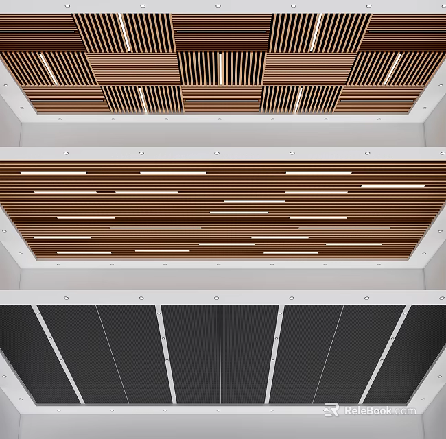 Various Interior Ceiling Designs Featuring Wooden Horizontal Slats And Black Vertical Grilles 3d model