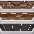 Various Interior Ceiling Designs Featuring Wooden Horizontal Slats And Black Vertical Grilles
