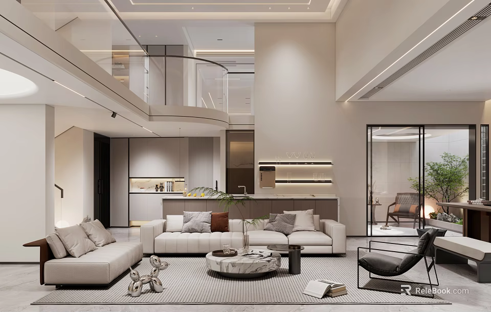 Modern Duplex Living Room Interior With Sofas And Round Coffee Table 3d model 