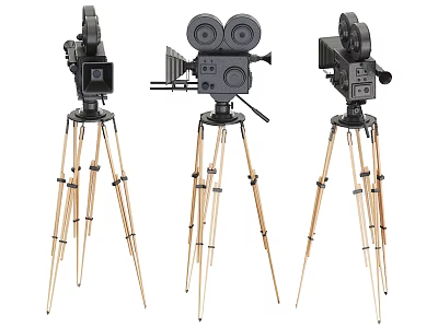 Vintage Movie Cameras On Wooden Tripods Classic Film Equipment 3d model
