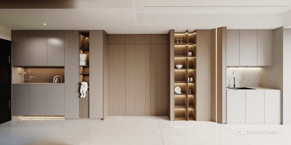 Modern Wooden Shoe Cabinet With Side Storage Shelves And Warm LED Lighting Design 3d model 