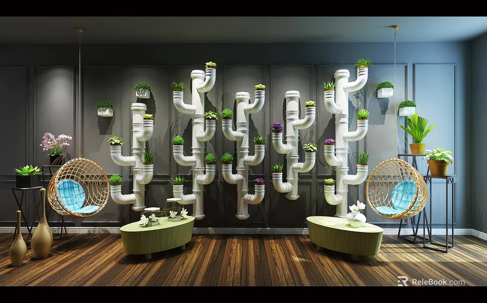 Creative Indoor Bonsai Potted Plants On Wall Pipeline Structure With Seating 3d model