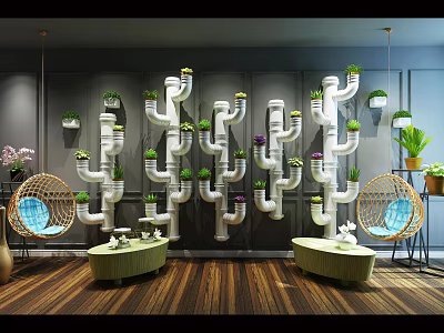 Creative Indoor Bonsai Potted Plants On Wall Pipeline Structure With Seating 3d model