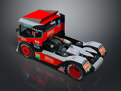 Red And Black Modified Racing Truck With Sponsor Logos And Large Wheels 3d model