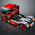 Red And Black Modified Racing Truck With Sponsor Logos And Large Wheels