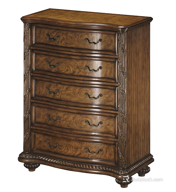 Antique Wooden Chest of Drawers with Intricate Carvings and Metal Handles 3d model 