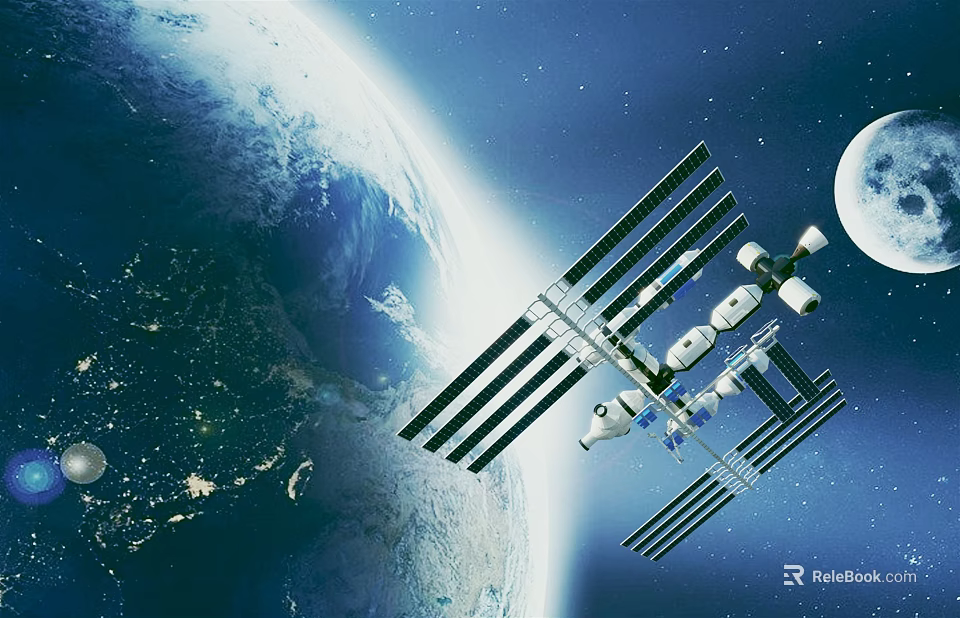 Cartoon Space Scene With Earth Space Station And Moon In Blue Sky 3d model 