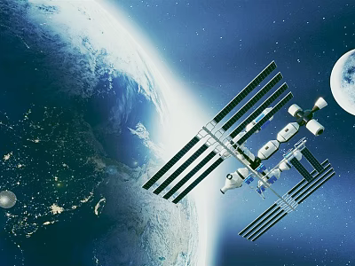 Cartoon Space Scene With Earth Space Station And Moon In Blue Sky 3d model