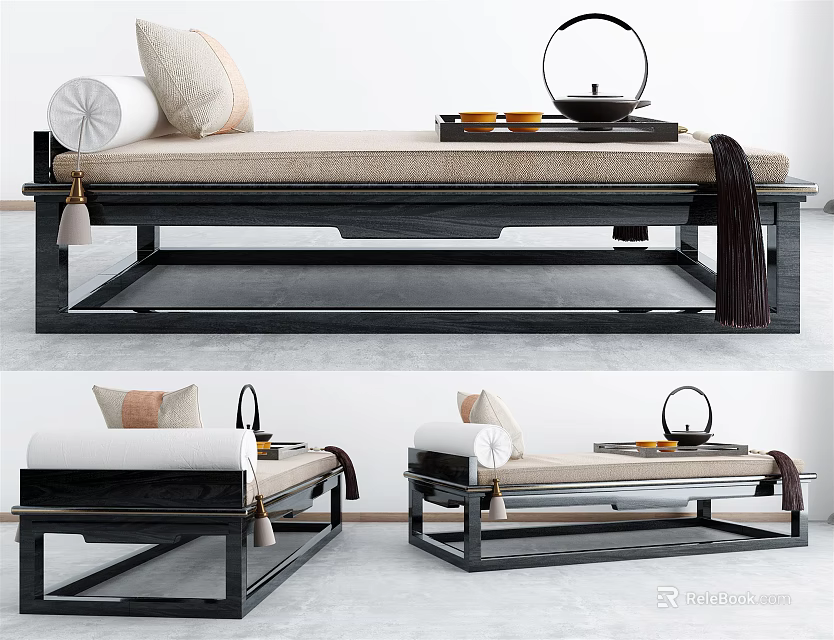 Traditional Daybed With Beige Cushion Black Frame Pillows And Tea Set Tassel 3d model 