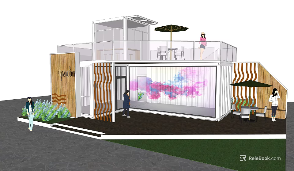 Modern Container Cafe With Transparent Windows Terrace Tables Chairs Umbrellas And Green Plants 3d model 