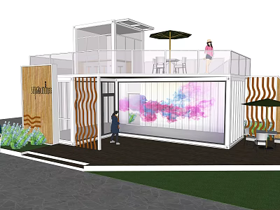 Modern Container Cafe With Transparent Windows Terrace Tables Chairs Umbrellas And Green Plants 3d model