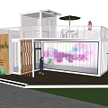 Modern Container Cafe With Transparent Windows Terrace Tables Chairs Umbrellas And Green Plants
