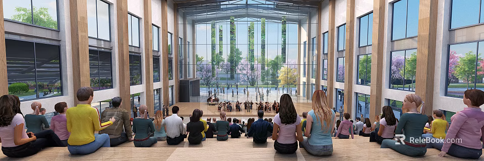 People Sitting In Hall Watching Performers With Large Glass Windows And Trees Outside 3d model 