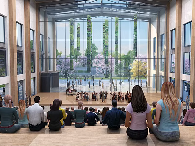 People Sitting In Hall Watching Performers With Large Glass Windows And Trees Outside 3d model