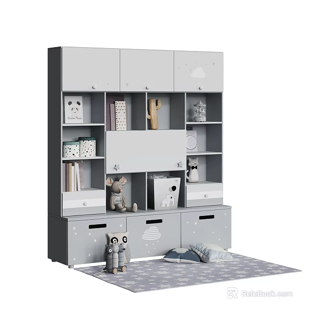 Gray Kids Wardrobe with Cloud Patterns Storage Compartments Drawers and Stuffed Toys 3d model 