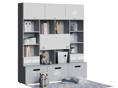 Gray Kids Wardrobe with Cloud Patterns Storage Compartments Drawers and Stuffed Toys 3d model