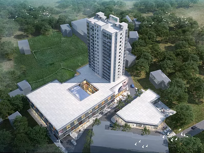 Modern Commercial Complex Featuring Tall Building Green Spaces And Surrounding Trees 3d model