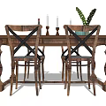 Rustic Wooden Dining Table Set with Cross Back Chairs and Green Plant Decor