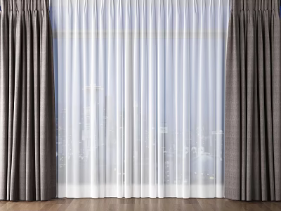 Double Layer Dark Gray Curtains with White Sheer and City View on Wooden Floor 3d model