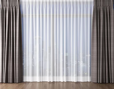 Double Layer Dark Gray Curtains with White Sheer and City View on Wooden Floor 3d model