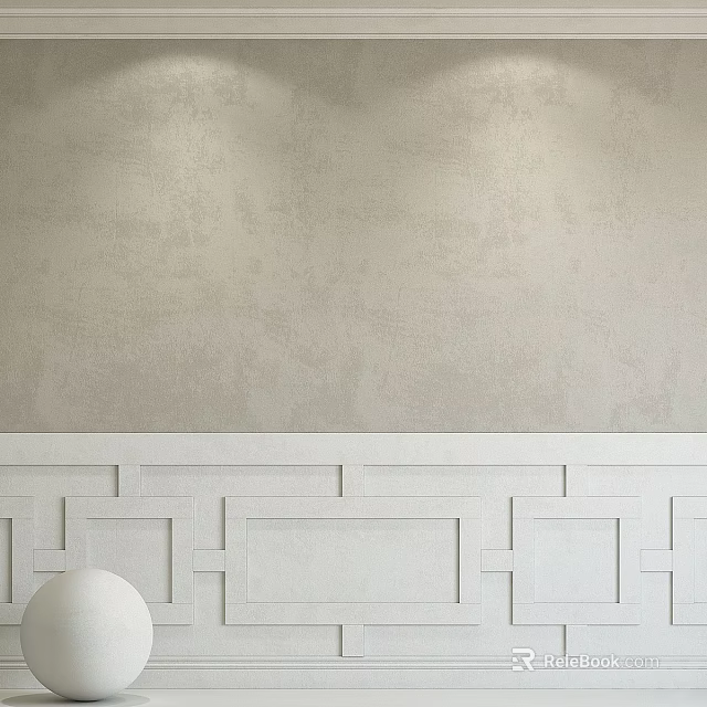 Minimalist Wall Decor with Textured Beige Wall and White Wainscoting Featuring Geometric Patterns 3d model 