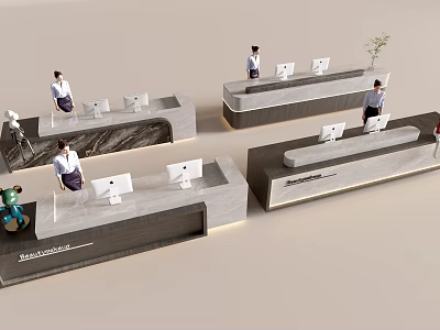 Modern Reception Area With Multiple Sleek Desks Computers And Working Staff 3d model