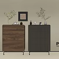 Wooden Brown And Gray Console Side Cabinet With Drawers Green Plants Decorations Wall Art Poliform