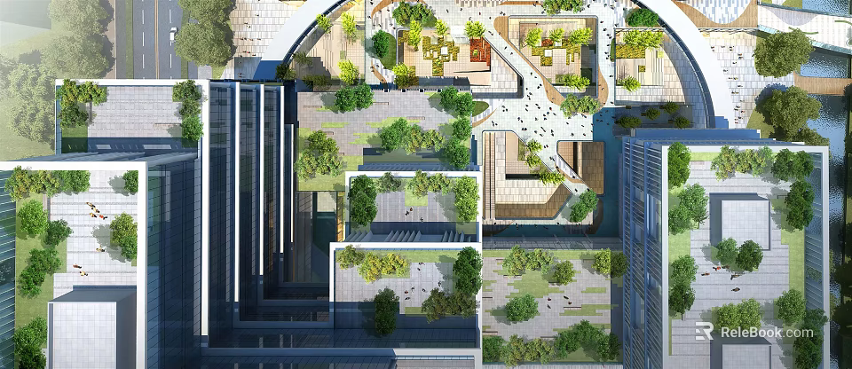 Urban Landscape Design With Rooftop Gardens Greenery And Pedestrian Walkways 3d model 