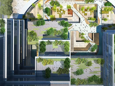 Urban Landscape Design With Rooftop Gardens Greenery And Pedestrian Walkways 3d model