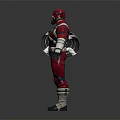 3D Armored Superhero Character In Red And White Battle Suit With Helmet Standing Pose
