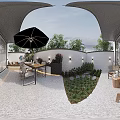 Stylish Outdoor Garden Decor in Walled Space with Umbrella Dining Set Wall Lights and Greenery